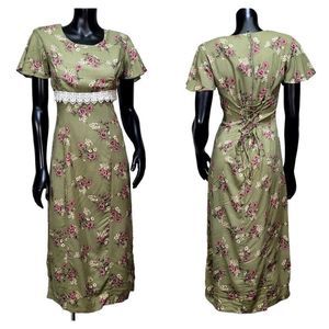Vintage 90s Basic Editions 5/6 Green Floral Tie Back Waist Midi Dress Cottage‎